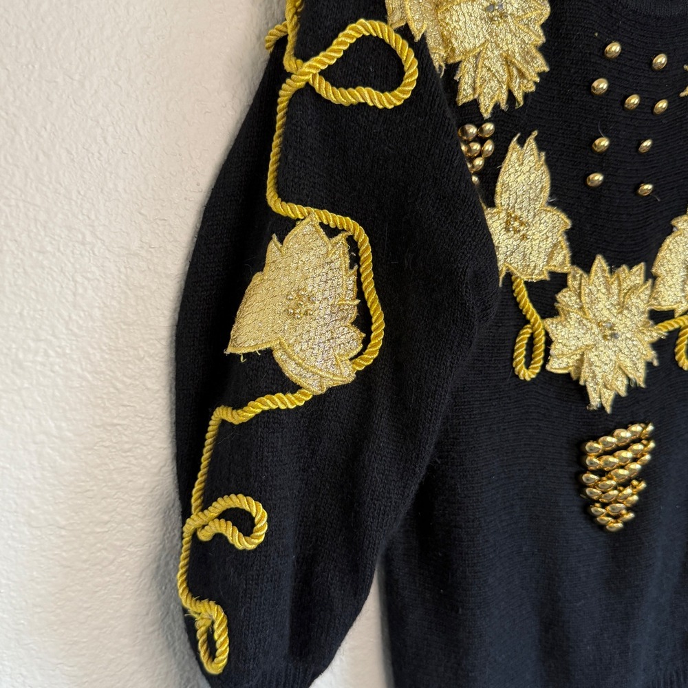 Vintage‎ 80s Embellished Floral Knit Sweater Novelty NYE Dopamine Maximalist - Picture 6 of 9